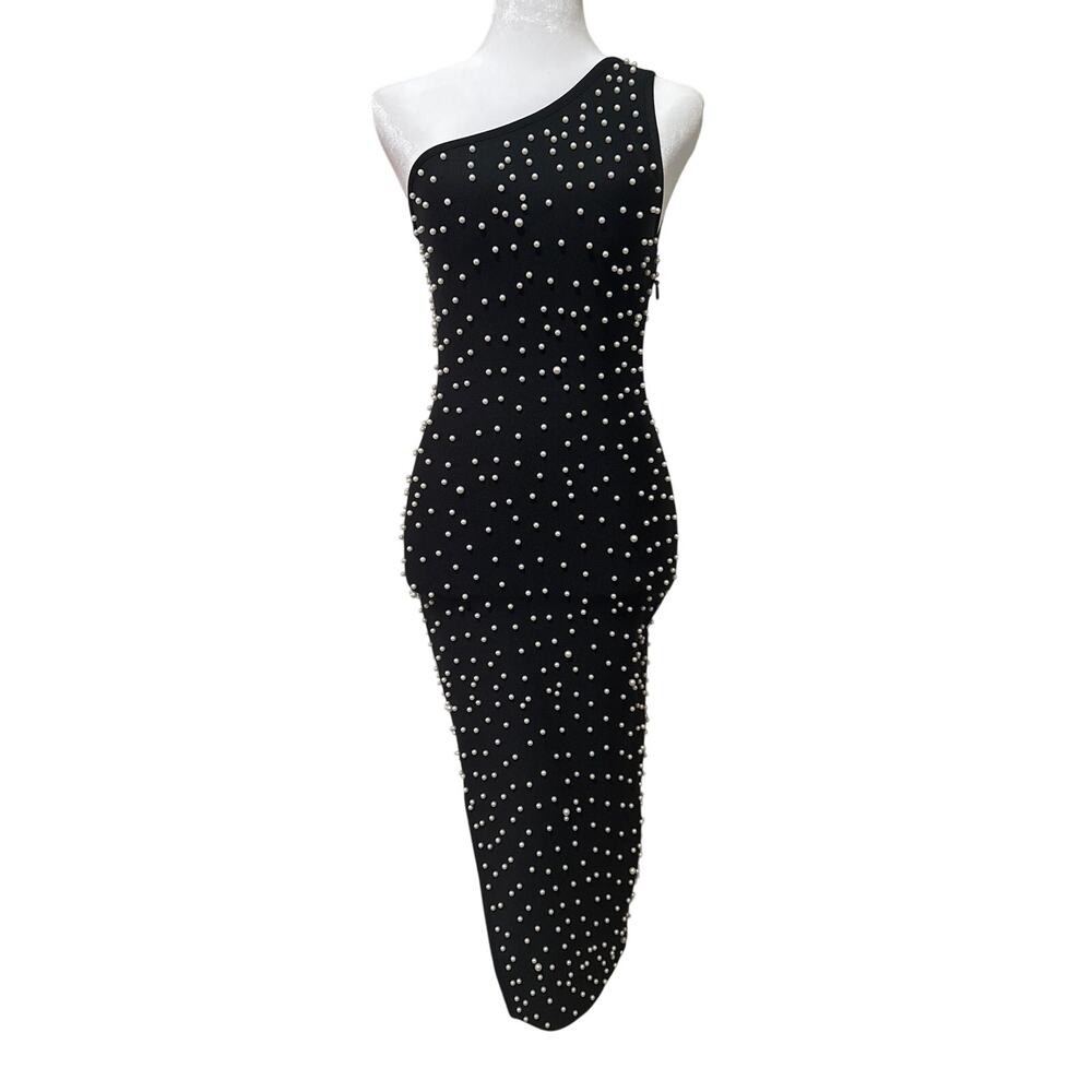 Bella Barnett Faux pearl beaded bodycon asymmetrical cocktail dress in Small